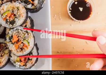 Cut kimbap or gimpab.Traditional Korean rolls with rice,beef,vegetables and omelette Stock Photo