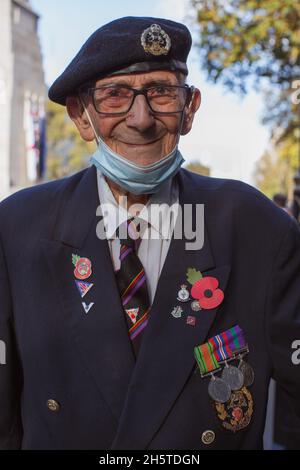 London, England. 11th November 2021. Gerald Cowell, aged 95, and served with the Royal Hampshire Regiment in World War 2 during a service of remembrance for Armistice Day on Whitehall, London Credit: Sam Mellish / Alamy Live News Stock Photo