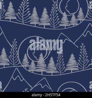 Seamless vector pattern with forest landscape line art on blue background. Simple artistic winter wallpaper design. Decorative mountain fashion. Stock Vector