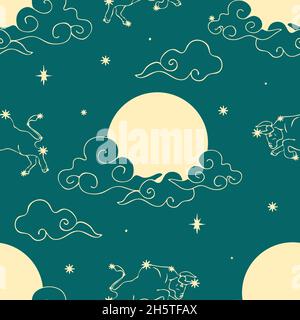 Seamless vector pattern with astrology sky on teal green background. Beautiful star and moon wallpaper design. Spiritual zodiac fashion textile. Stock Vector