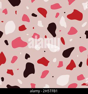 Seamless vector pattern with terrazzo texture on pink background. Simple grid mosaic wallpaper design. Decorative fashion textile. Stock Vector