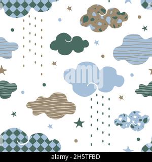 Seamless vector pattern with rainy clouds on white background. Simple textured weather wallpaper design for children. Decorative soft sky fashion. Stock Vector
