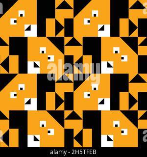 Seamless vector pattern with square fox head on black background. Simple geometrical animal wallpaper design for children. Decorative fashion textile. Stock Vector