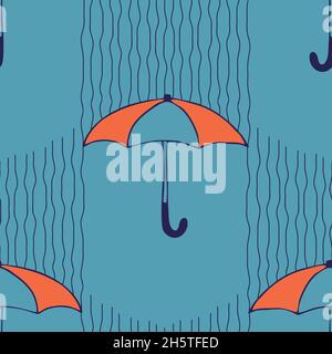 Seamless vector pattern with umbrellas on blue background. Decorative weather wallpaper design. Rainy season fashion textile. Stock Vector