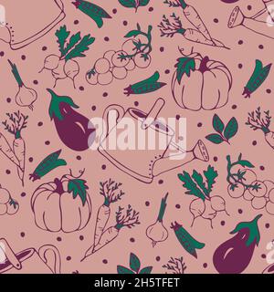 Seamless vector pattern with outlines vegetables on purple background. Simple hand drawn summer garden wallpaper design. Decorative life style fashion Stock Vector