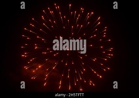 Hyderabad, Sindh, Pakistan. 9th Nov, 2021. A beautiful view of a fire works over the sky during the last day of Allama Iqbal Cricket Tournament at Niaz Stadium in Hyderabad. (Credit Image: © Jan Ali Laghari/Pacific Press via ZUMA Press Wire) Stock Photo