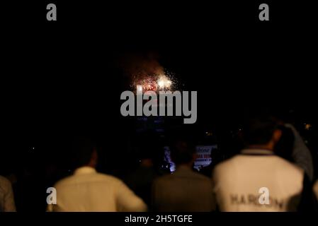 Hyderabad, Sindh, Pakistan. 9th Nov, 2021. A beautiful view of a fire works over the sky during the last day of Allama Iqbal Cricket Tournament at Niaz Stadium in Hyderabad. (Credit Image: © Jan Ali Laghari/Pacific Press via ZUMA Press Wire) Stock Photo