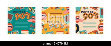 Back to the 90s. Video and audio cassettes, TV with VCR, vinyl records. Set of vector multicolor backgrounds for poster or invitation. Stock Vector