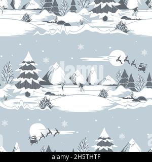 Seamless vector pattern with Christmas landscape on grey background. Winter fun wallpaper design. Decorative ice skating silhouette fashion textile. Stock Vector