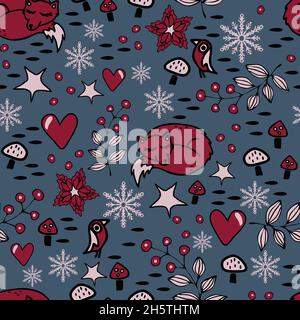 Seamless vector pattern with sleeping fox on blue background. Simple Christmas wallpaper design. Seasonal winter fashion textile. Stock Vector