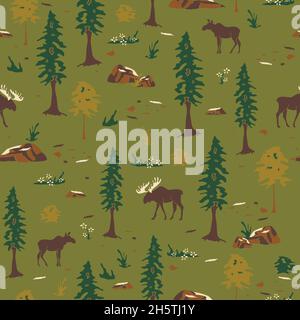 Seamless vector pattern with silhouette of moose in forest on green background. Beautiful Canadian landscape forest. Stock Vector