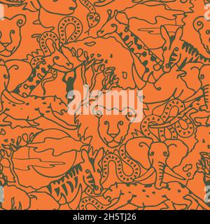 Seamless vector pattern with Savannah animals line art on orange background. Cute fun African wallpaper design for children. Stock Vector