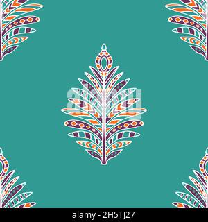 Seamless vector pattern with paisley feather on teal green background. Simple tribal leaf tile wallpaper design. Decorative yoga zen fashion textile. Stock Vector