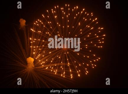 Hyderabad, Sindh, Pakistan. 9th Nov, 2021. A beautiful view of a fire works over the sky during the last day of Allama Iqbal Cricket Tournament at Niaz Stadium in Hyderabad. (Credit Image: © Jan Ali Laghari/Pacific Press via ZUMA Press Wire) Stock Photo