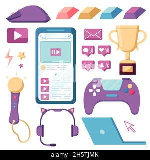 Video game streamer icon set in a flat style, isolated on a white background. Laptop, mouse, keyboard, headphones, and gamepad icon. Stock Vector
