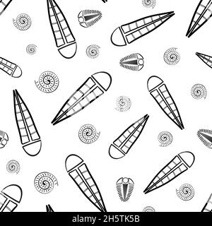 Ammonite trilobite haplophrentis vector seamless pattern background. Hand drawn shell cephalopod, arthropod, hyolithis ribbed fossils Extinct marine Stock Vector