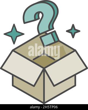 Open cardboard box with question mark. Mystery, question, surprise concept. Flat style illustration. Isolated on white background. Stock Vector