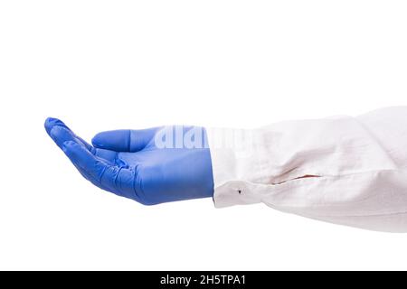 Outstretched hand of doctor in gloves isolated on white background, template for designers Stock Photo
