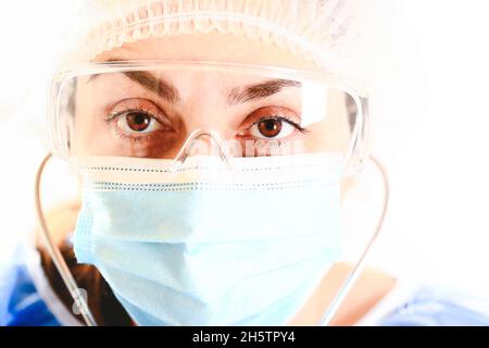 face of a woman doctor in a mask and glasses close-up. Concept of Covid-19 quarantine. Medical concept. Doctor's eyes close up.