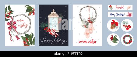Set of Christmas and New Year cards or invitations. A set of stickers and tags for gifts. Christmas bouquets and compositions. Festive mood Stock Vector