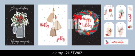 Set of Christmas and New Year cards or invitations. A set of stickers and tags for gifts. Christmas bouquets and compositions. Festive mood Stock Vector