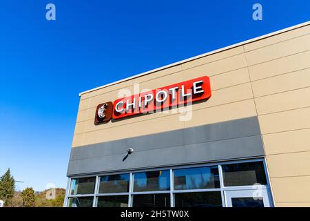 Morgantown, WV - November 5, 2021: Chipotle Mexican Grill is a chain of fast casual restaurants servings tacos and burritos made to order. Stock Photo