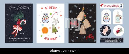 Set of Christmas and New Year cards or invitations. A set of stickers and tags for gifts. Christmas bouquets and compositions. Festive mood Stock Vector