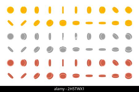 Coin set in modern flat style, money coins golden silver and bronze collection illustration. Stock Vector