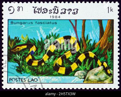 LAOS - CIRCA 1984: a stamp printed in Laos shows banded krait, bungarus fasciatus, is a species of elapid snake found on the Indian Subcontinent and i Stock Photo