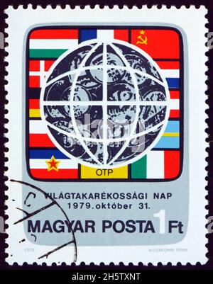 HUNGARY - CIRCA 1979: a stamp printed in Hungary dedicated to international savings day, circa 1979 Stock Photo