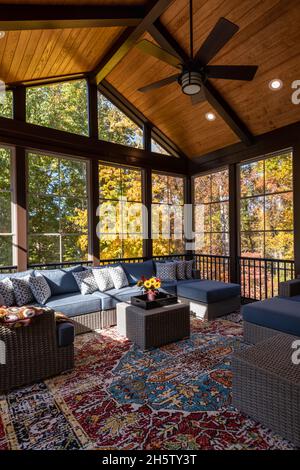 New modern screened porch with patio furniture, summertime woods in the ...