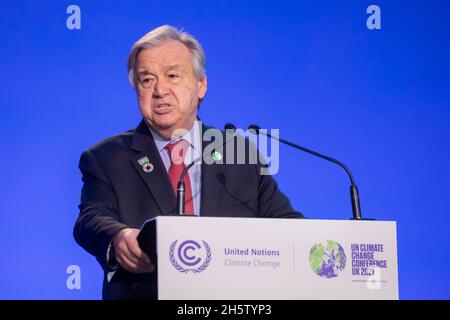 Glasgow, UK. 11th Nov, 2021. Antonio Guterres, UN Secretary-General, speaks at the UN Climate Change Conference COP26, where some 200 countries will spend two weeks in Glasgow wrestling with how to achieve the goal of limiting global warming to 1.5 degrees compared to pre-industrial times. Credit: Christoph Soeder/dpa/Alamy Live News Stock Photo