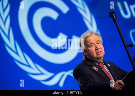 Glasgow, UK. 11th Nov, 2021. Antonio Guterres, UN Secretary-General, speaks at the UN Climate Change Conference COP26, where some 200 countries will spend two weeks in Glasgow wrestling with how to achieve the goal of limiting global warming to 1.5 degrees compared to pre-industrial times. Credit: Christoph Soeder/dpa/Alamy Live News Stock Photo