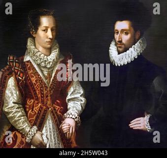 Portrait of two spouses  fourth century XVI 1575 - 1580 school of Moroni Giovanni Battista Moroni - John the Baptist, 1520/1578 Torino Palazzo Reale -  The Royal Palace of Turin is a historic palace of the House of Savoy, Italian, Italy, Stock Photo
