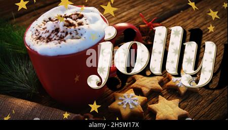 Image of holly text over cup of coffee Stock Photo