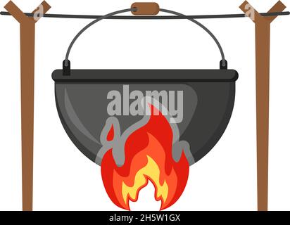 cauldron on fire in the forest in flat style Stock Vector