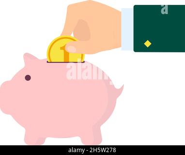 attachment pig piggy bank and hand with coin, flat Stock Vector