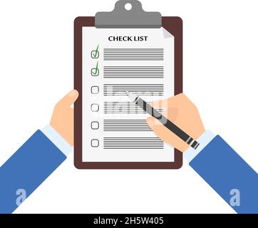 check sheet in hand with a pencil, flat Stock Vector