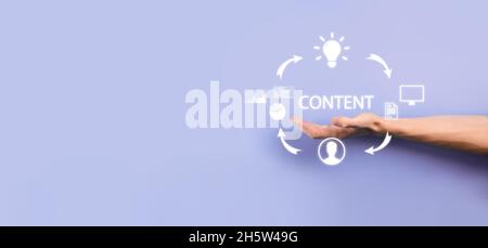Content marketing cycle - creating, publishing, distributing content for a targeted audience online and analysis. Stock Photo