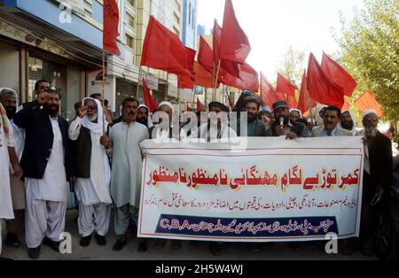 Hyderabad, Pakistan. 11th Nov, 2021. Members of Public Works Department (PWD) Employees Union are holding protest demonstration against massive unemployment and inflation price hiking, at Quetta press club on Thursday, November 11, 2021. Credit: Asianet-Pakistan/Alamy Live News Stock Photo