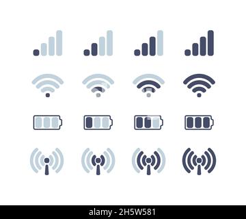 mobile communications, internet and battery icons set, flat Stock Vector