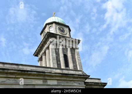 close up landscape image of St Mary Magdalene church clock tower dome in Bridgnorth, Shropshire, a bright sunny summers day with a blue sky background Stock Photo