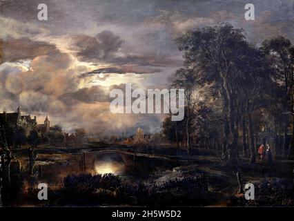 Moonlit Landscape with Bridge by Aert van der Neer (or Aernout or Artus ; c. 1603 -1677), oil on panel, c. 1648/50 Stock Photo