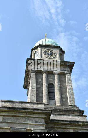close up landscape image of St Mary Magdalene church clock tower dome in Bridgnorth, Shropshire, a bright sunny summers day with a blue sky background Stock Photo