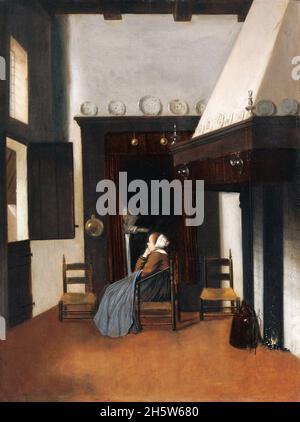Young woman painter in golden frame with color pallet and paint brush ...