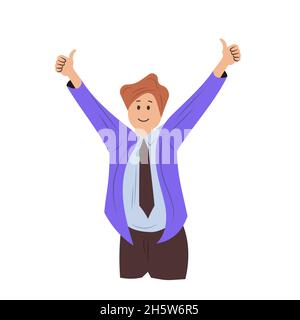 Happy man showing positive emotions and hand gesture.  Happiness guy communication character expression and smile. Human different sign .Greeting lang Stock Vector