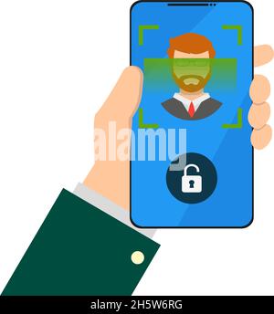 face recognition phone in hand in flat style Stock Vector