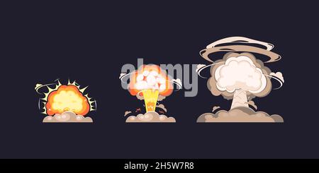 Nuclear explosion bomb blast in flat style collection, nuke atomic explode blast mushroom collection. Stock Vector
