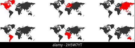 Continents map. Vector world globe illustration for web. Red and black icon set Asia, America, Europe, Africa and Australia Stock Vector