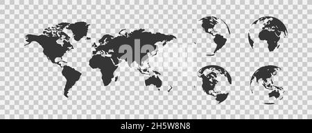 World map globe set black icon on transparent background. Geography isolated vector illustration Stock Vector